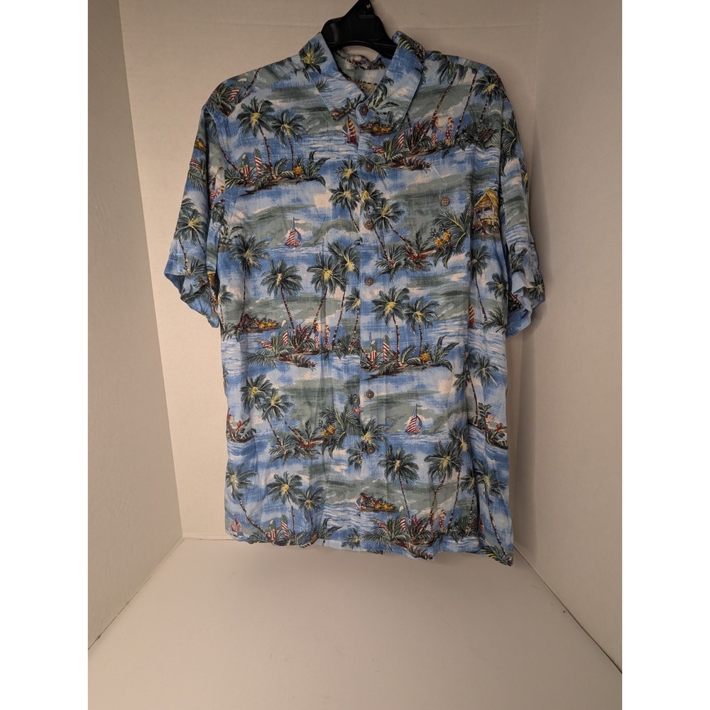 Batik Bay Men's Hawaiian‎ Shirt Large Blue Tropical Palm Rayon Aloha Patriotic